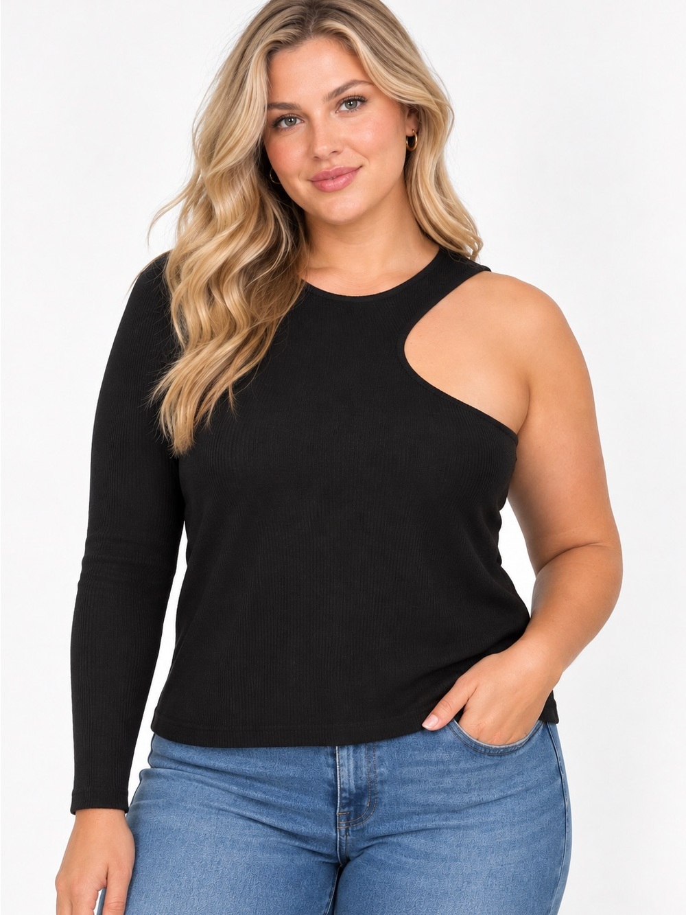 Endless Rose Cutout One-Shoulder Ribbed Top - Black